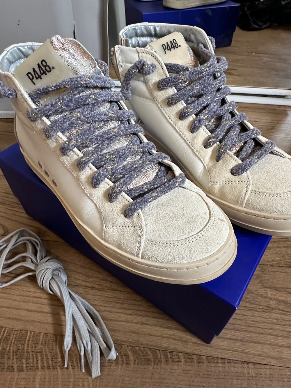 P448 Skate Sneaker Cream Suede High-Top Sneakers with Silver-Gray Glitter Laces